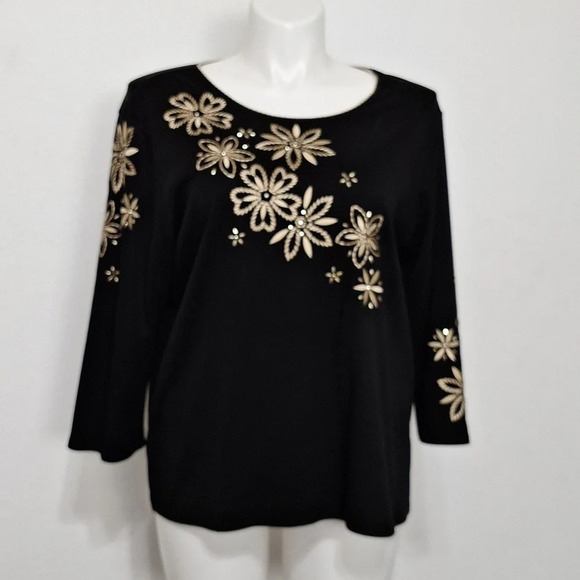 Alfred Dunner Black & Gold Spontaneous Flower Embroidery Crew Neck Top Size XL - Picture 2 of 13